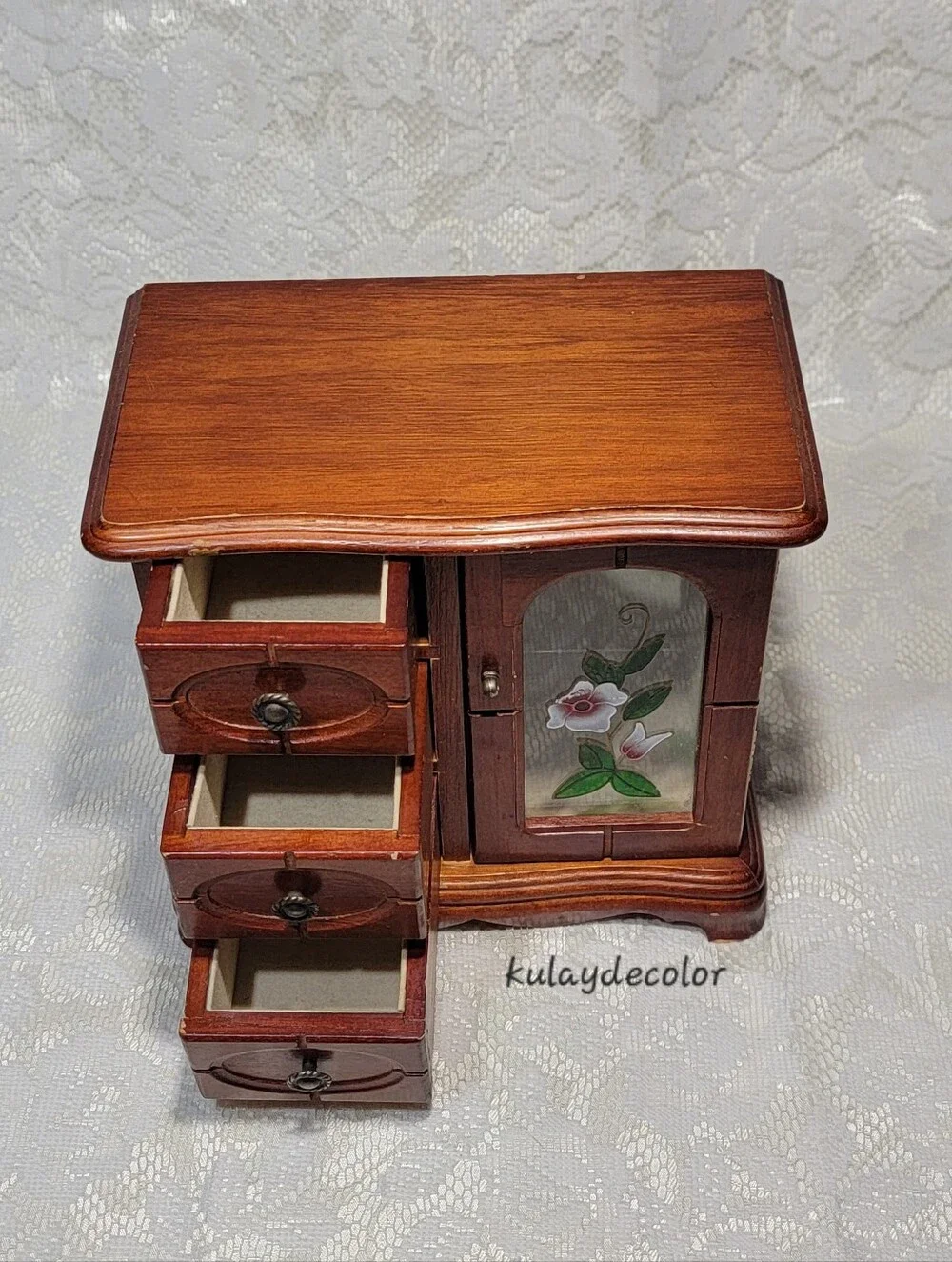 Vintage Wooden Jewelry Box Organizer 3 Drawer Mirrored Floral Glass Door Trinket